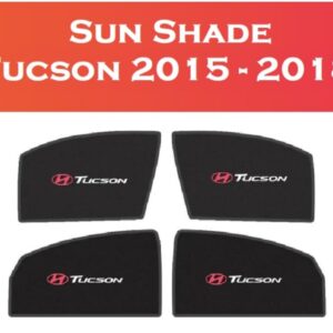 Custom fit Hyundai Tucson side window magnetic sunshade featuring a bold red Hyundai insignia and white Tucson logo branding, tailored for 2015 to 2018 models.