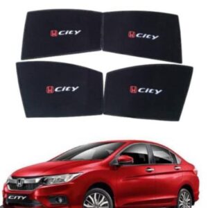 Custom fit Honda City side window magnetic sunshade featuring a bold red Honda insignia and white City logo branding, tailored for 2022 to 2026 models.