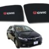 Custom fit Honda Civic Rebirth side window magnetic sunshade featuring a bold red Honda insignia and white Civic logo branding, tailored for 2012 to 2016 models.