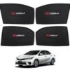 Custom fit Toyota Corolla side window magnetic sunshade featuring red Toyota insignia and white Corolla logo branding, tailored for 2016 to 2025 models.