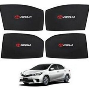 Custom fit Toyota Corolla side window magnetic sunshade featuring red Toyota insignia and white Corolla logo branding, tailored for 2016 to 2025 models.