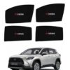 Custom fit Toyota Corolla Cross side window magnetic sunshade featuring a vibrant red Toyota insignia and white Cross logo branding.