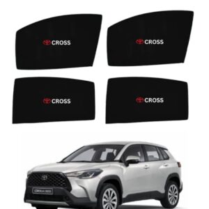 Custom fit Toyota Corolla Cross side window magnetic sunshade featuring a vibrant red Toyota insignia and white Cross logo branding.