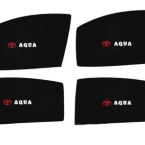 Premium Toyota Aqua custom fit magnetic side window sunshades with printed Aqua logo.