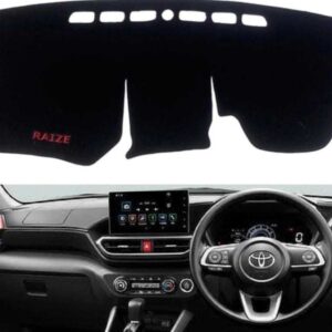 Close-up shot of a premium black custom-fit dashboard mat installed perfectly inside a Toyota Raize, protecting the dashboard from sunlight.