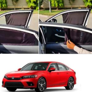 Premium retractable car window curtains installed on a red Honda Civic X sedan in Pakistan, demonstrating how the mesh shade can be slid open or closed.