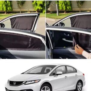 Premium retractable car window curtains installed on a red Honda Civic Rebirth sedan in Pakistan, showing the mesh shade drawn shut for maximum sun protection.