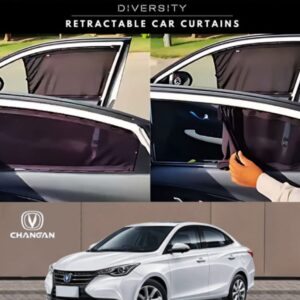 Retractable car curtains installed on a white Changan Alsvin sedan in Pakistan, showing the mesh fabric pulled down for sun protection and privacy.