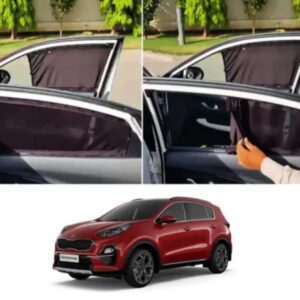 Custom black fabric car window curtains installed on a red Kia Sportage for sun shade and heat protection in Pakistan.