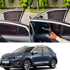 Custom black fabric car window curtains installed on a blue Kia Stonic for sun shade and heat protection in Pakistan